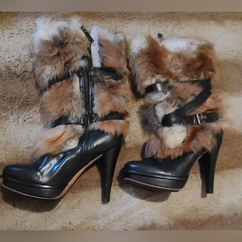 UGG Black and Brown Fur Heeled Boots